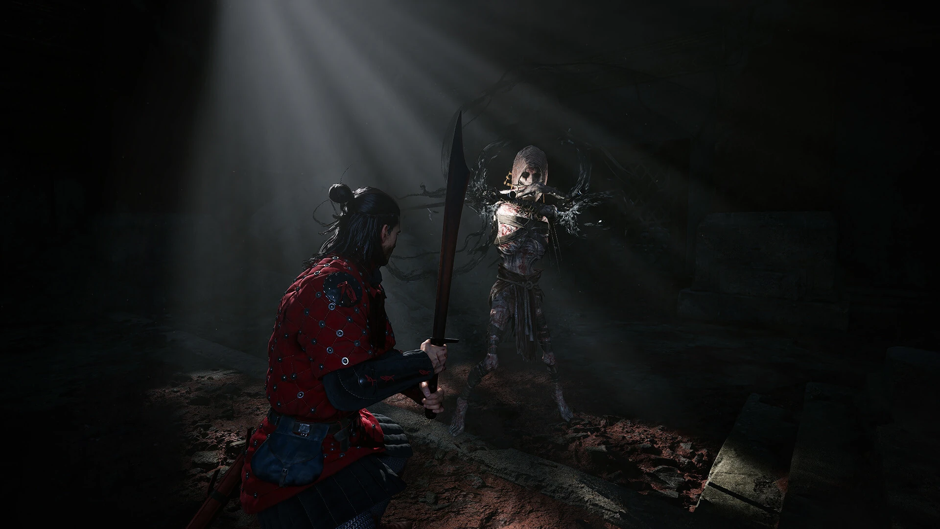 Coen facing a vampire in a dark stone chamber in The Blood of Dawnwalker