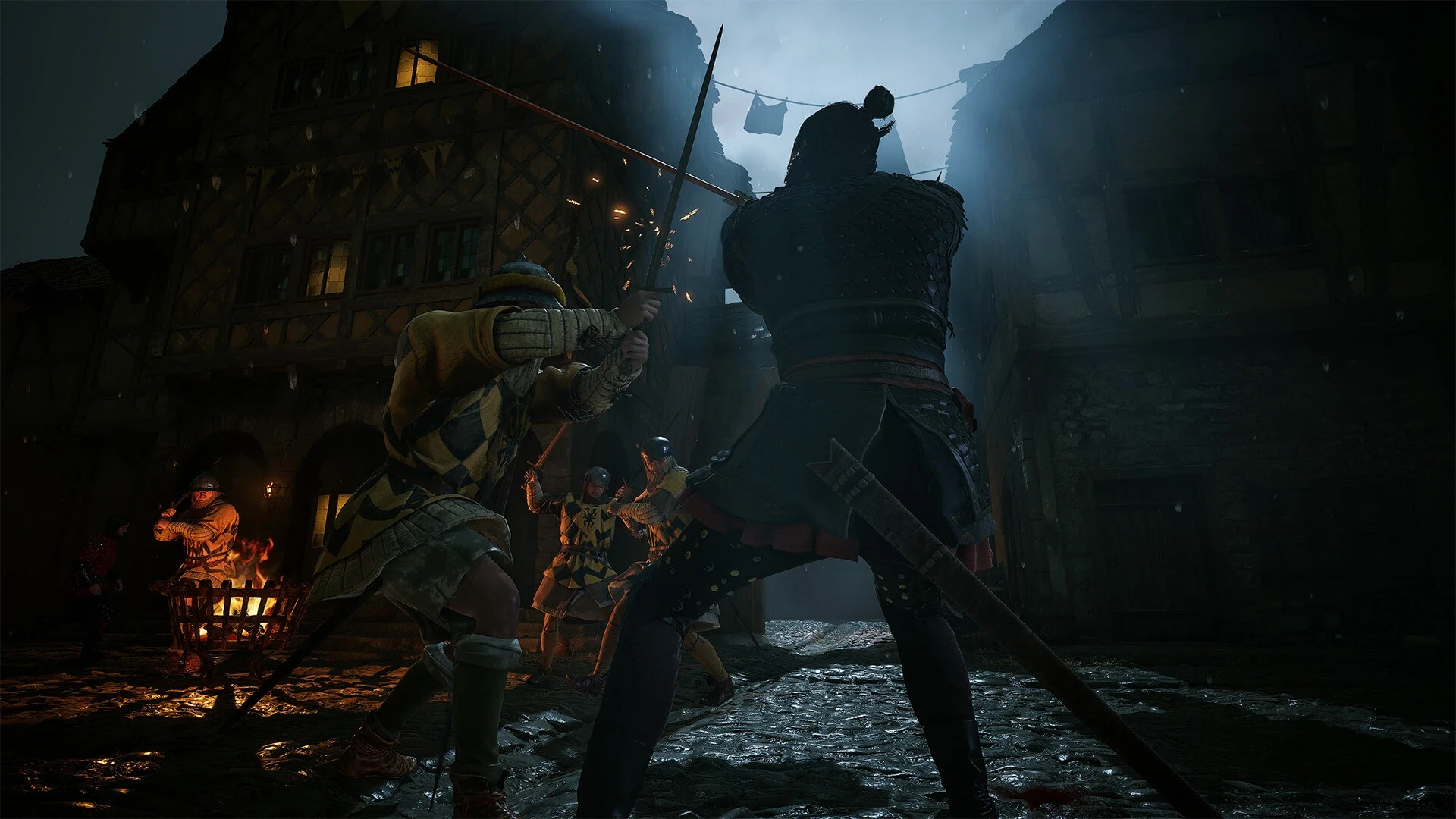 Coen confronting an enemy in a dark village at night