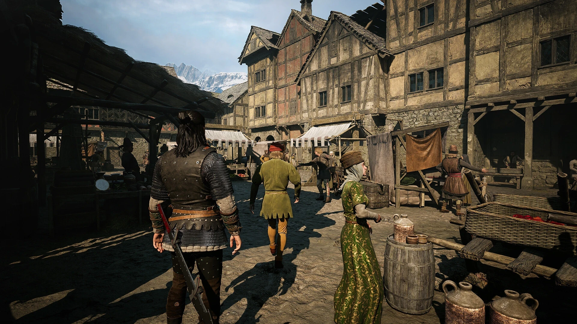 A busy medieval village street in The Blood of Dawnwalker
