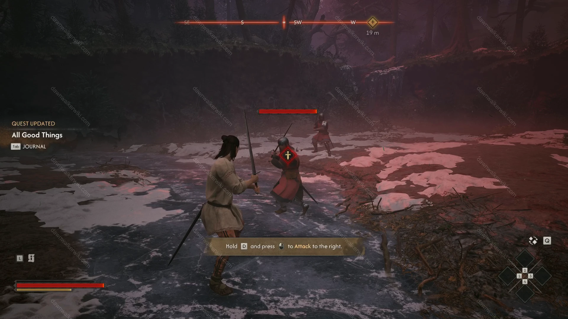 Coen facing tutorial enemies while a prompt says to hold D and click the left mouse button to attack right