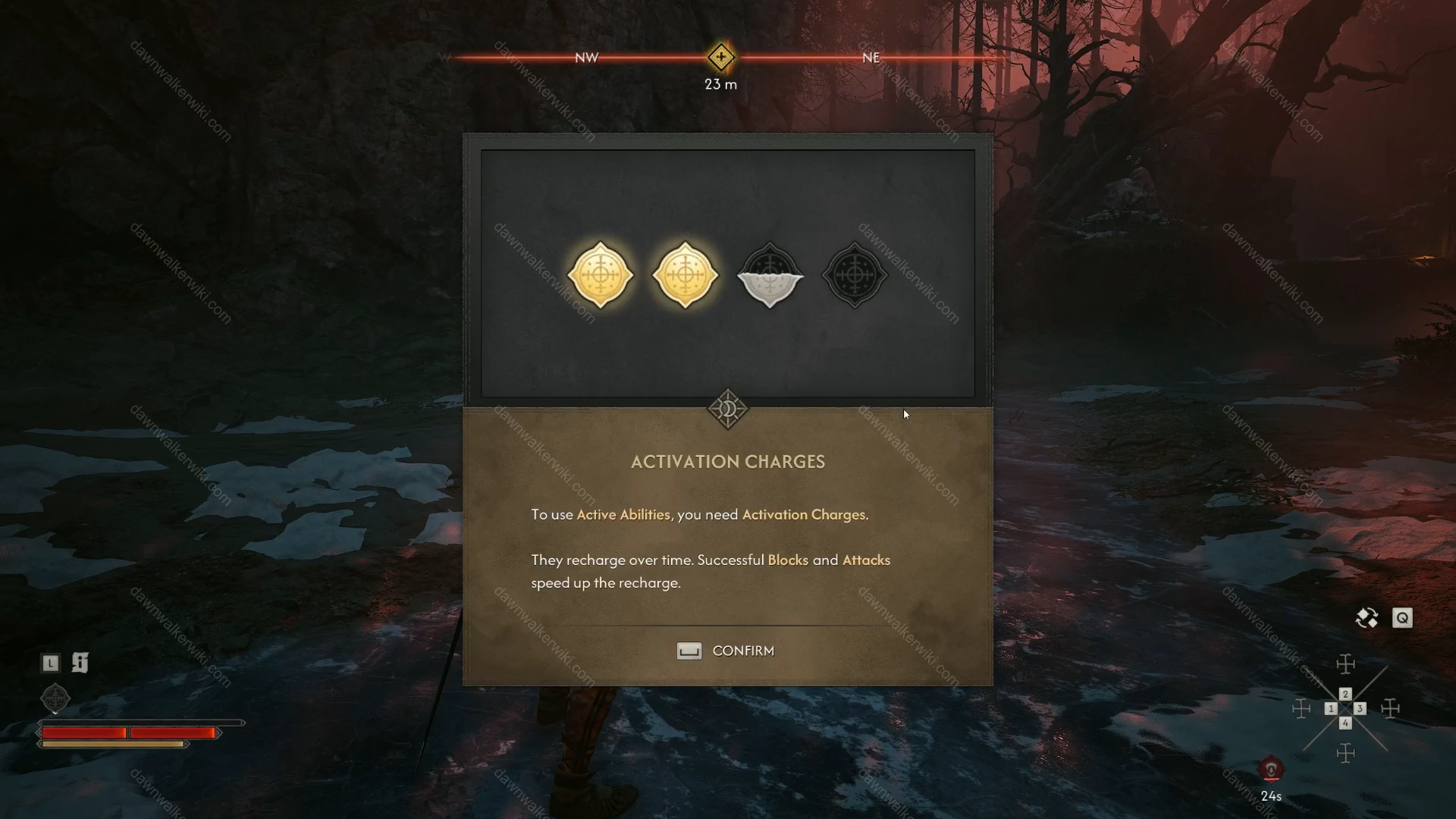 Activation Charges tutorial explaining that successful blocks and attacks speed up recharge